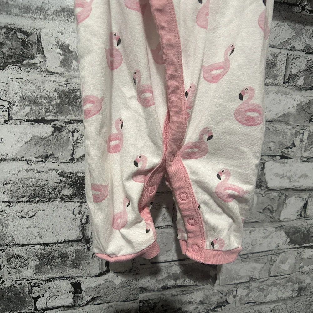 EUC Monica + Andy Pink and White Flamingo Baby Snap Up One Piece Size 0-3 Months